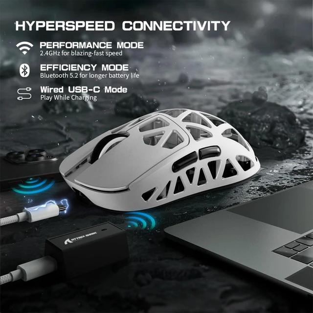 Alt view image 5 of 7 - R2 Ultra Light Magnesium Alloy Gaming Mouse, PAW3950 42K DPI, 8KHz HyperSpeed Wireless, Zero-Debounce Optical Switches, Tri-Mode Wired/Bluetooth/2.4G Ergonomic Esports Mouse White