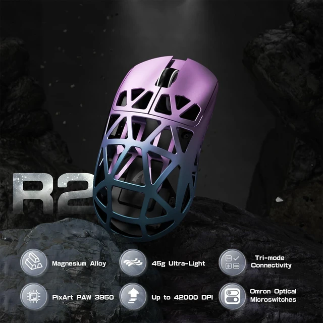 Alt view image 2 of 7 - R2 Ultra Light Magnesium Alloy Gaming Mouse, PAW3950 42K DPI, 8KHz HyperSpeed Wireless, Zero-Debounce Optical Switches, Tri-Mode Wired/Bluetooth/2.4G Ergonomic Esports Mouse Purple Blue