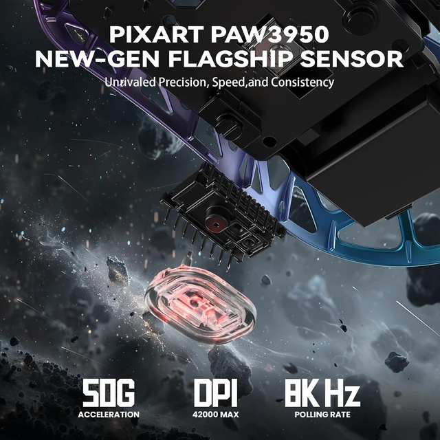 Alt view image 4 of 7 - R2 Ultra Light Magnesium Alloy Gaming Mouse, PAW3950 42K DPI, 8KHz HyperSpeed Wireless, Zero-Debounce Optical Switches, Tri-Mode Wired/Bluetooth/2.4G Ergonomic Esports Mouse Purple Blue