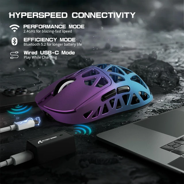 Alt view image 5 of 7 - R2 Ultra Light Magnesium Alloy Gaming Mouse, PAW3950 42K DPI, 8KHz HyperSpeed Wireless, Zero-Debounce Optical Switches, Tri-Mode Wired/Bluetooth/2.4G Ergonomic Esports Mouse Purple Blue