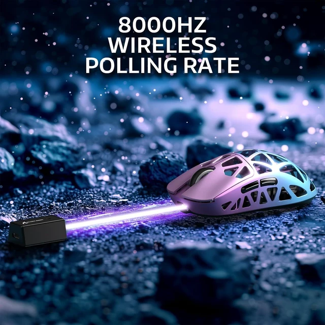 Alt view image 7 of 7 - R2 Ultra Light Magnesium Alloy Gaming Mouse, PAW3950 42K DPI, 8KHz HyperSpeed Wireless, Zero-Debounce Optical Switches, Tri-Mode Wired/Bluetooth/2.4G Ergonomic Esports Mouse Purple Blue