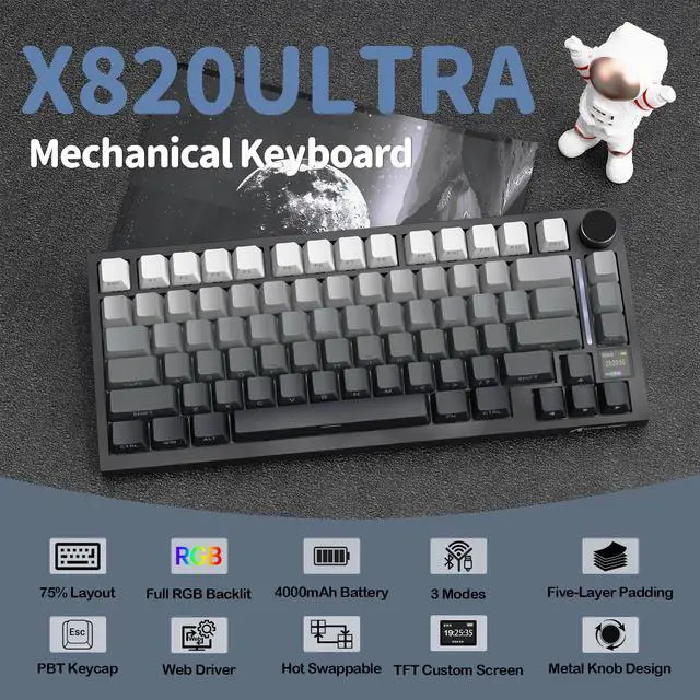 Alt view image 2 of 7 - ATTACK SHARK X820 Ultra 75% Wireless Mechanical Gaming Keyboard, Smart TFT Display & Metal Knob, Hot-Swappable Shark Switch, Gasket Mount, Tri-Mode 2.4G/Bluetooth/USB-C, RGB, 4000mAh Battery