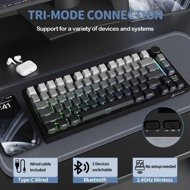 Alt view image 3 of 7 - ATTACK SHARK X820 Ultra 75% Wireless Mechanical Gaming Keyboard, Smart TFT Display & Metal Knob, Hot-Swappable Shark Switch, Gasket Mount, Tri-Mode 2.4G/Bluetooth/USB-C, RGB, 4000mAh Battery
