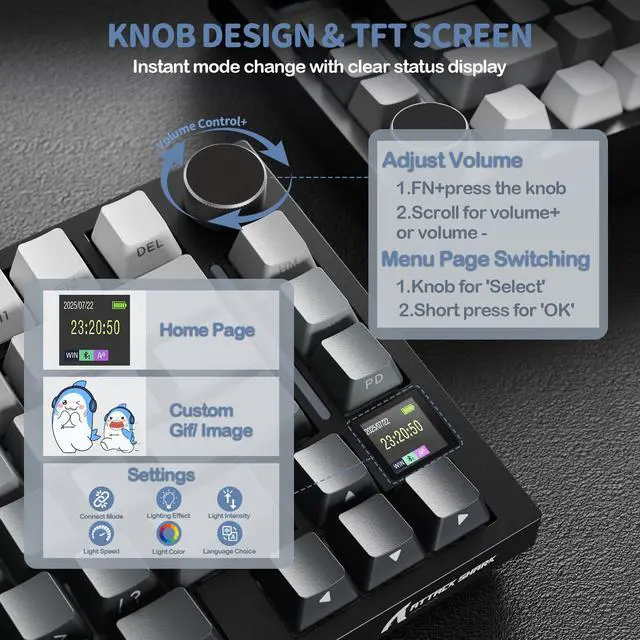 Alt view image 5 of 7 - ATTACK SHARK X820 Ultra 75% Wireless Mechanical Gaming Keyboard, Smart TFT Display & Metal Knob, Hot-Swappable Shark Switch, Gasket Mount, Tri-Mode 2.4G/Bluetooth/USB-C, RGB, 4000mAh Battery