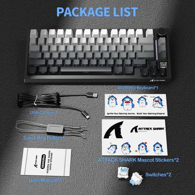Alt view image 7 of 7 - ATTACK SHARK X820 Ultra 75% Wireless Mechanical Gaming Keyboard, Smart TFT Display & Metal Knob, Hot-Swappable Shark Switch, Gasket Mount, Tri-Mode 2.4G/Bluetooth/USB-C, RGB, 4000mAh Battery