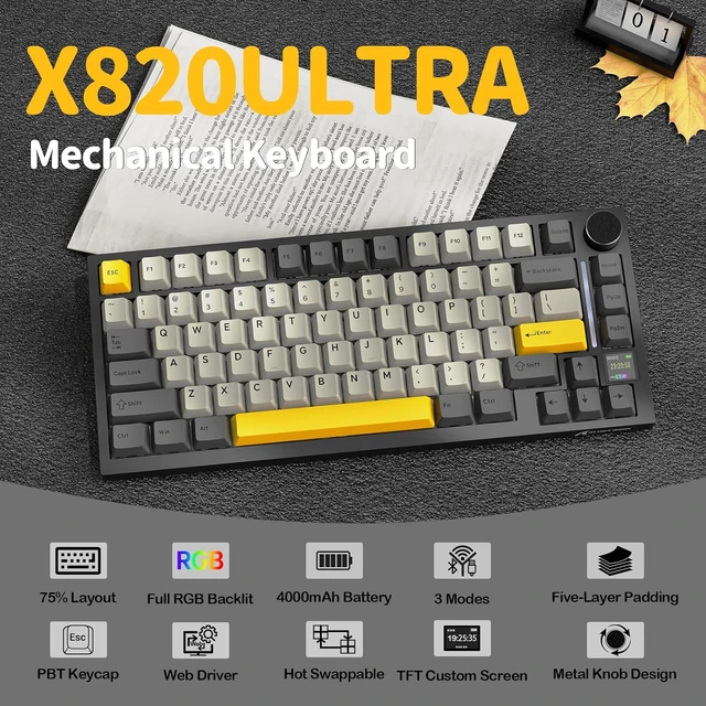 Alt view image 2 of 7 - ATTACK SHARK X820 Ultra 75% Wireless Mechanical Gaming Keyboard, Smart TFT Display & Metal Knob, Hot-Swappable Shark Switch, Gasket Mount, Tri-Mode 2.4G/Bluetooth/USB-C, RGB, 4000mAh Battery