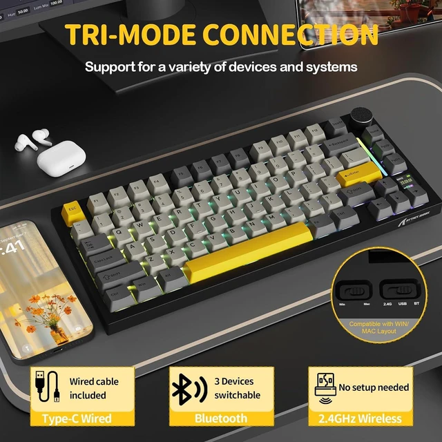 Alt view image 3 of 7 - ATTACK SHARK X820 Ultra 75% Wireless Mechanical Gaming Keyboard, Smart TFT Display & Metal Knob, Hot-Swappable Shark Switch, Gasket Mount, Tri-Mode 2.4G/Bluetooth/USB-C, RGB, 4000mAh Battery