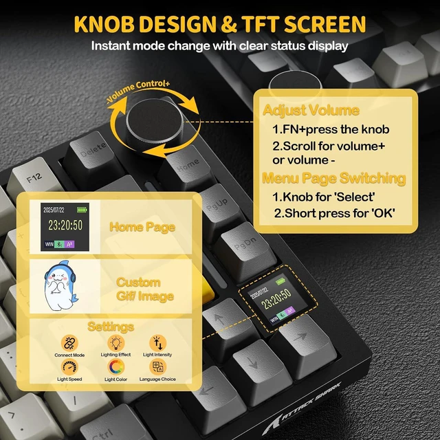 Alt view image 5 of 7 - ATTACK SHARK X820 Ultra 75% Wireless Mechanical Gaming Keyboard, Smart TFT Display & Metal Knob, Hot-Swappable Shark Switch, Gasket Mount, Tri-Mode 2.4G/Bluetooth/USB-C, RGB, 4000mAh Battery