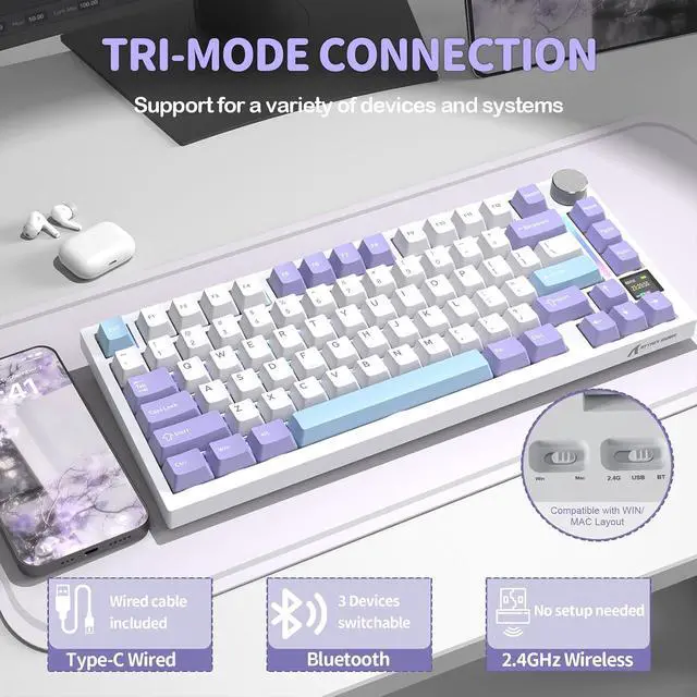 Alt view image 3 of 7 - ATTACK SHARK X820 Ultra 75% Wireless Mechanical Gaming Keyboard, Smart TFT Display & Metal Knob, Hot-Swappable Shark Switch, Gasket Mount, Tri-Mode 2.4G/Bluetooth/USB-C, RGB, 4000mAh Battery