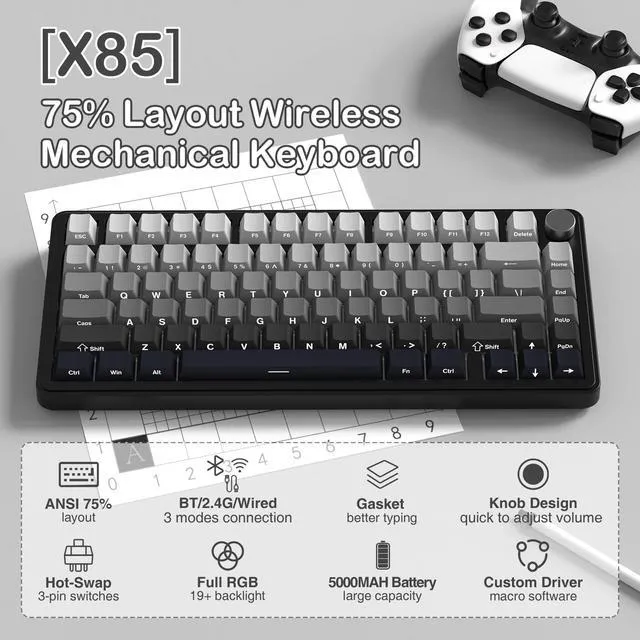 Alt view image 2 of 7 - ATTACK SHARK X85 75% Wireless Mechanical Gaming Keyboard, 81-Key TKL, Triple Mode, Gasket Mount, Hot-Swappable, CNC Knob, RGB, PBT Keycaps, 5000mAh