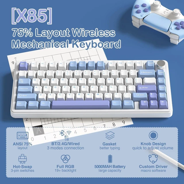 Alt view image 2 of 7 - ATTACK SHARK X85 75% Wireless Mechanical Gaming Keyboard, 81-Key TKL, Triple Mode, Gasket Mount, Hot-Swappable, CNC Knob, RGB, PBT Keycaps, 5000mAh White