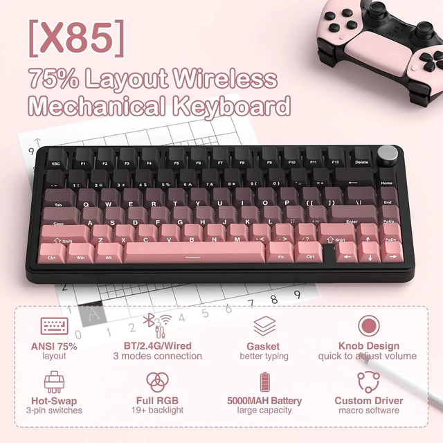 Alt view image 2 of 7 - ATTACK SHARK X85 75% Wireless Mechanical Gaming Keyboard, 81-Key TKL, Triple Mode, Gasket Mount, Hot-Swappable, CNC Knob, RGB, PBT Keycaps, 5000mAh Pink