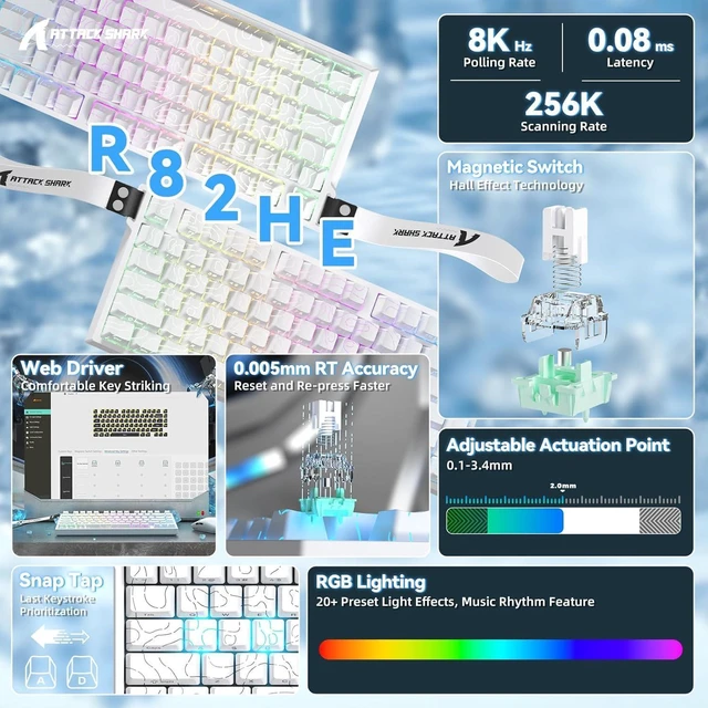 Alt view image 2 of 6 - ATTACK SHARK R82HE 75% Wired Hall Effect Gaming Keyboard, 8K Polling, 0.005mm Rapid Trigger, 0.08ms Latency, Adjustable Actuation, 80-Key Magnetic Switch Keyboard, RGB, NKRO