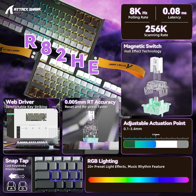 Alt view image 2 of 7 - ATTACK SHARK R82HE 75% Wired Hall Effect Gaming Keyboard, 8K Polling, 0.005mm Rapid Trigger, 0.08ms Latency, Adjustable Actuation, 80-Key Magnetic Switch Keyboard, RGB, NKRO Black Gradient
