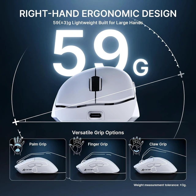 Alt view image 3 of 7 - ATTACK SHARK V8 Gaming Mouse, 42K DPI PAW3950MAX, 8K Polling Rate, 59g Lightweight, Tri-Mode Wireless, 400H Battery