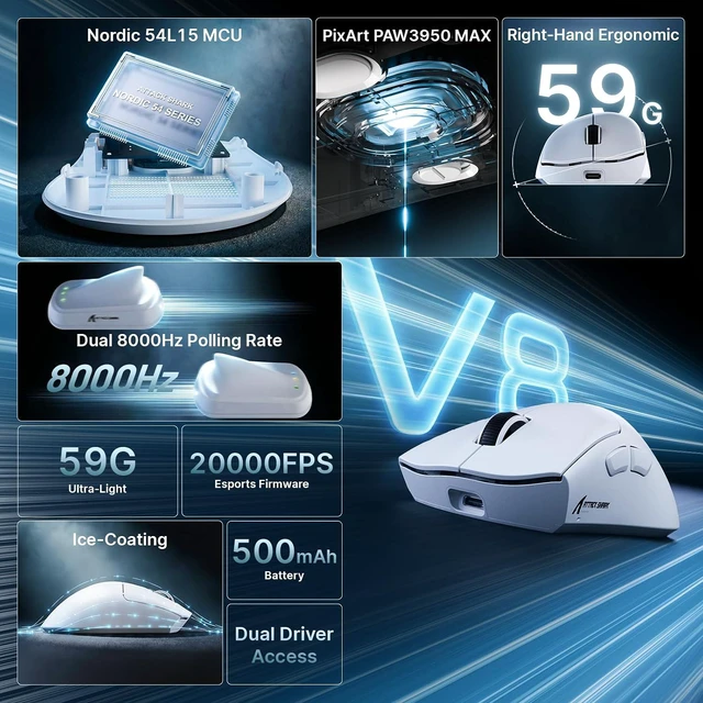 Alt view image 6 of 7 - ATTACK SHARK V8 Gaming Mouse, 42K DPI PAW3950MAX, 8K Polling Rate, 59g Lightweight, Tri-Mode Wireless, 400H Battery