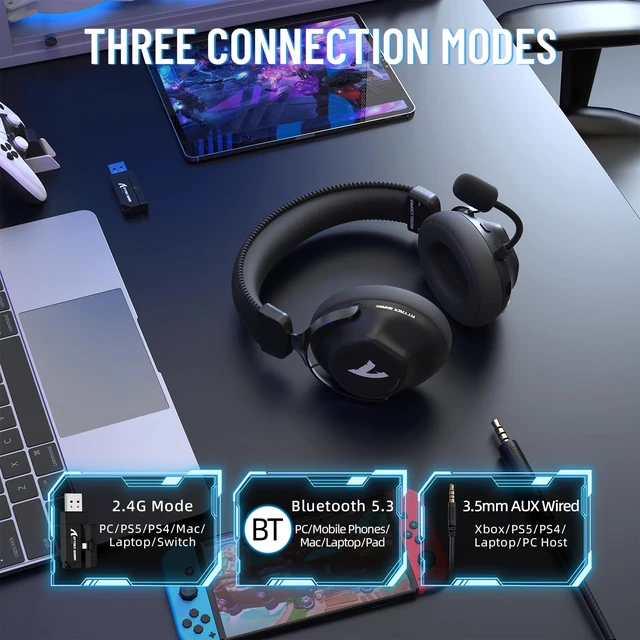 Alt view image 2 of 7 - ATTACK SHARK L50 Pro Gaming Headset, Wireless Headphones with 53mm Bio-Cellulose Drivers, 7.1 Surround Sound, 2.4GHz Low-Latency, Bluetooth & 3.5mm Wired, AI Noise-Canceling Mic, 1100mAh Battery