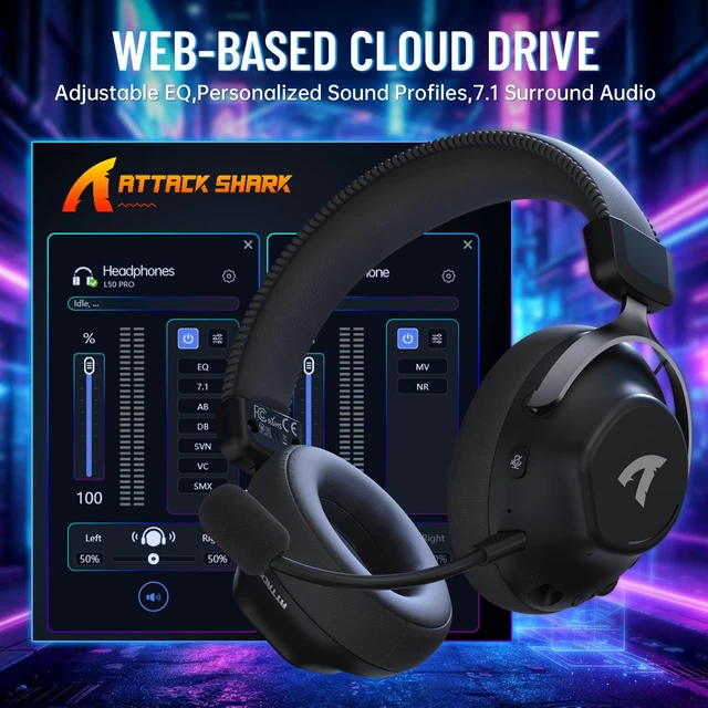Alt view image 6 of 7 - ATTACK SHARK L50 Pro Gaming Headset, Wireless Headphones with 53mm Bio-Cellulose Drivers, 7.1 Surround Sound, 2.4GHz Low-Latency, Bluetooth & 3.5mm Wired, AI Noise-Canceling Mic, 1100mAh Battery