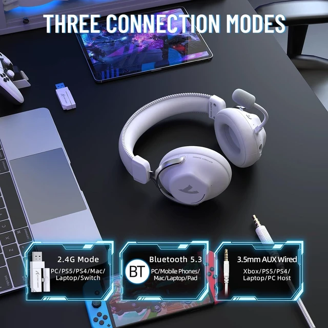 Alt view image 2 of 7 - ATTACK SHARK L50 Pro Gaming Headset, Wireless Headphones with 53mm Bio-Cellulose Drivers, 7.1 Surround Sound, 2.4GHz Low-Latency, Bluetooth & 3.5mm Wired, AI Noise-Canceling Mic, 1100mAh Battery White