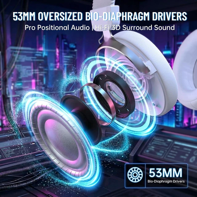 Alt view image 6 of 7 - ATTACK SHARK L50 Pro Gaming Headset, Wireless Headphones with 53mm Bio-Cellulose Drivers, 7.1 Surround Sound, 2.4GHz Low-Latency, Bluetooth & 3.5mm Wired, AI Noise-Canceling Mic, 1100mAh Battery White