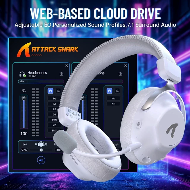 Alt view image 7 of 7 - ATTACK SHARK L50 Pro Gaming Headset, Wireless Headphones with 53mm Bio-Cellulose Drivers, 7.1 Surround Sound, 2.4GHz Low-Latency, Bluetooth & 3.5mm Wired, AI Noise-Canceling Mic, 1100mAh Battery White