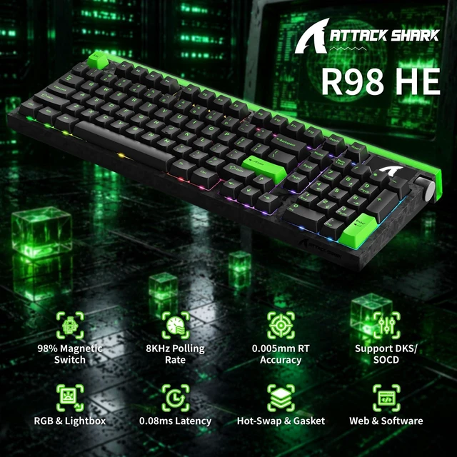 Alt view image 2 of 7 - ATTACK SHARK R98 HE 98% Gaming Keyboard, Hall Effect Magnetic Switches, 8K Polling, 0.005mm Rapid Trigger, RGB