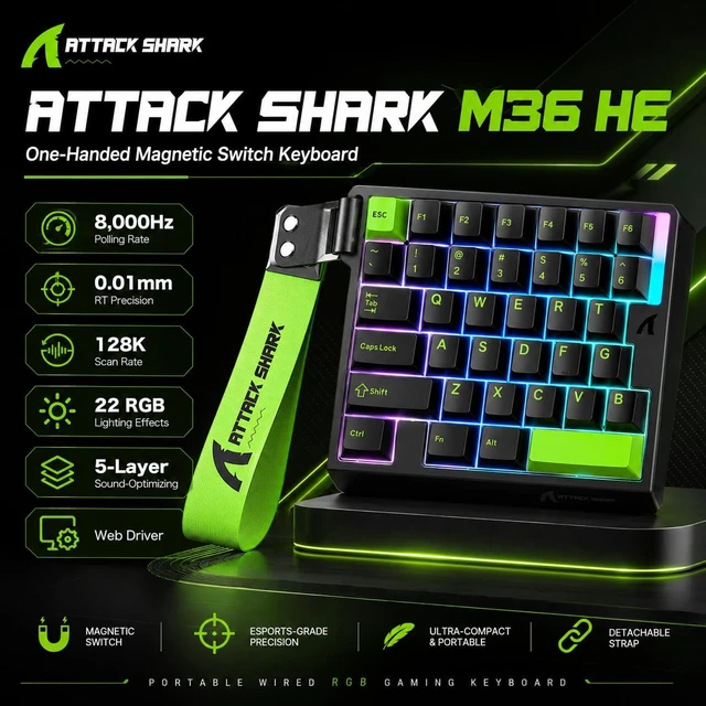 Alt view image 3 of 4 - ATTACK SHARK M36 HE 36-Key Hall Effect Gaming Keyboard, 8000Hz Polling, 0.01mm Rapid Trigger, Magnetic Switches, RGB Green
