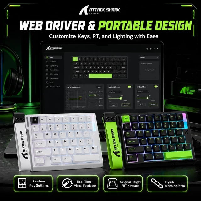 Alt view image 4 of 4 - ATTACK SHARK M36 HE 36-Key Hall Effect Gaming Keyboard, 8000Hz Polling, 0.01mm Rapid Trigger, Magnetic Switches, RGB Green