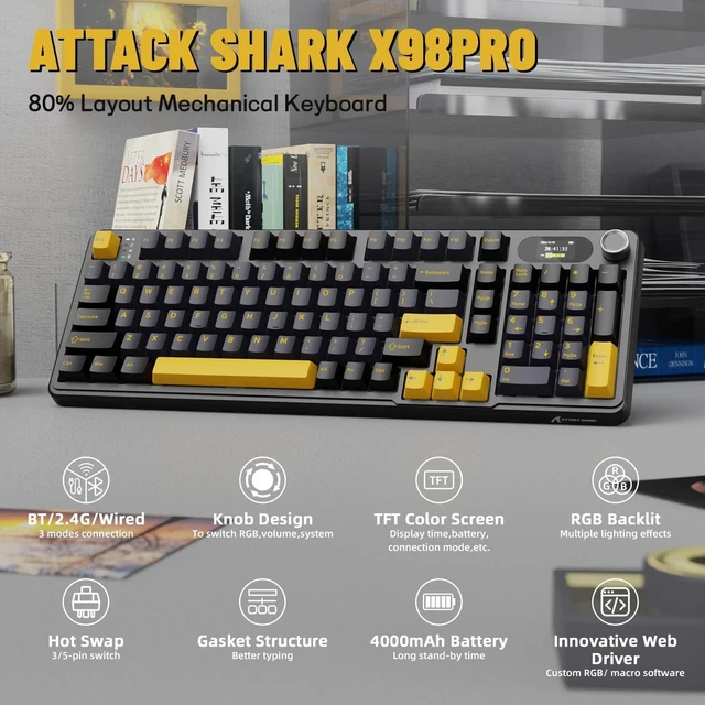 Alt view image 2 of 7 - ATTACK SHARK X98 Pro Mechanical Gaming Keyboard, 80% Layout, 1.5" LED Screen & CNC Knob, Tri-Mode BT 5.0/2.4GHz/USB-C, Hot-Swappable Cream Switches, PBT Keycaps, RGB Backlit, Programmable Star Black