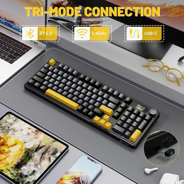 Alt view image 3 of 7 - ATTACK SHARK X98 Pro Mechanical Gaming Keyboard, 80% Layout, 1.5" LED Screen & CNC Knob, Tri-Mode BT 5.0/2.4GHz/USB-C, Hot-Swappable Cream Switches, PBT Keycaps, RGB Backlit, Programmable Star Black