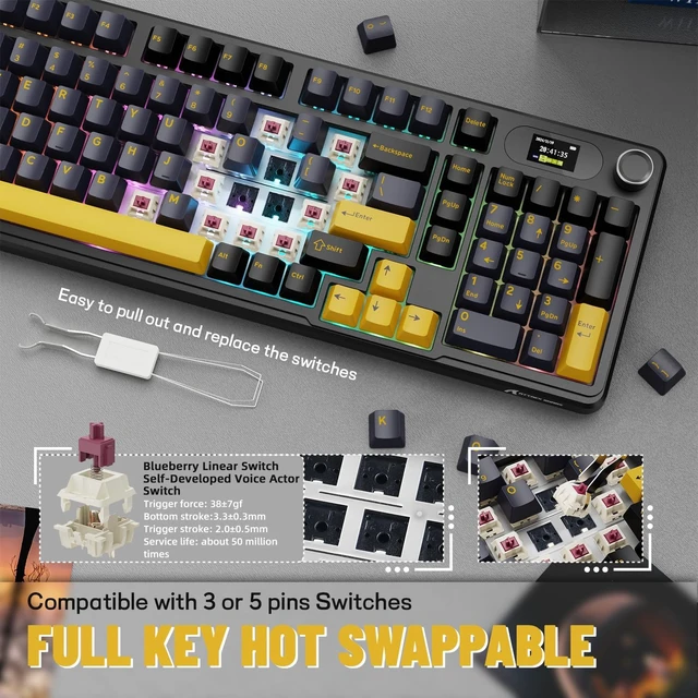Alt view image 6 of 7 - ATTACK SHARK X98 Pro Mechanical Gaming Keyboard, 80% Layout, 1.5" LED Screen & CNC Knob, Tri-Mode BT 5.0/2.4GHz/USB-C, Hot-Swappable Cream Switches, PBT Keycaps, RGB Backlit, Programmable Star Black