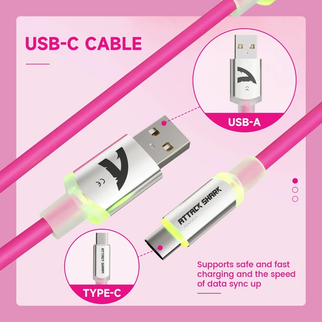 Alt view image 4 of 7 - ATTACK SHARK C01ULTRA Coiled USB-C Cable, Transparent Double TPU Sleeve, RGB Metal Aviator Connector, Type-C to USB-A for Mechanical Keyboard, Gaming & Devices White Berry Red