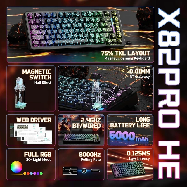 Alt view image 2 of 7 - ATTACK SHARK X82 PRO HE Gaming Keyboard, 75% 83-Key Magnetic Hall Effect Keyboard, 8000Hz, 0.1ms Latency, 0.01mm Rapid Trigger, Tri-Mode 2.4GHz/Bluetooth/USB-C, 5000mAh, RGB