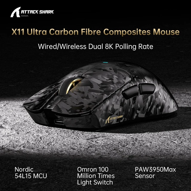 Alt view image 2 of 7 - ATTACK SHARK X11 Ultra Wireless Gaming Mouse, PAW3950MAX 42K DPI, Dual 8K Polling Rate, 63g Carbon Fiber, Nordic 54L15, Tri-Mode 2.4G/Bluetooth/Wired, 500mAh