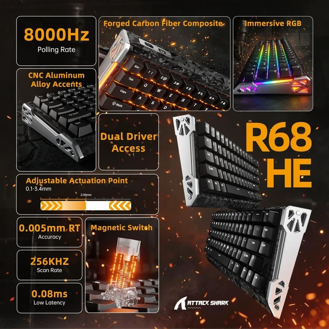 Alt view image 2 of 7 - ATTACK SHARK R68HE 60% Wired RT 8K Mechanical RGB TKL Gaming Keyboard-Black