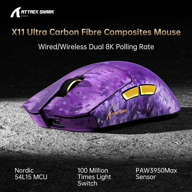 Alt view image 2 of 7 - ATTACK SHARK X11 Ultra Wireless Gaming Mouse, PAW3950MAX 42K DPI, Dual 8K Polling Rate, 63g Carbon Fiber, Nordic 54L15, Tri-Mode 2.4G/Bluetooth/Wired, 500mAh Purple