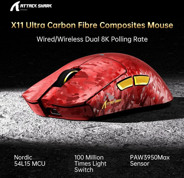 Alt view image 2 of 7 - ATTACK SHARK X11 Ultra Wireless Gaming Mouse, PAW3950MAX 42K DPI, Dual 8K Polling Rate, 63g Carbon Fiber, Nordic 54L15, Tri-Mode 2.4G/Bluetooth/Wired, 500mAh Red