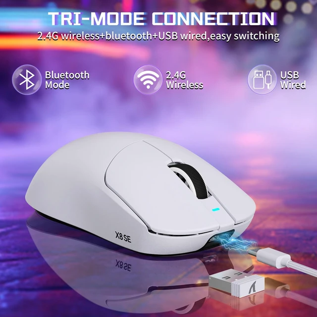 Alt view image 2 of 7 - ATTACK SHARK X8SE Wireless Gaming Mouse, 55g Lightweight, PAW3311 25K DPI Sensor, 1000Hz Polling Rate, Tri-Mode Bluetooth/2.4G/Wired, 500mAh Battery, 80M Clicks White