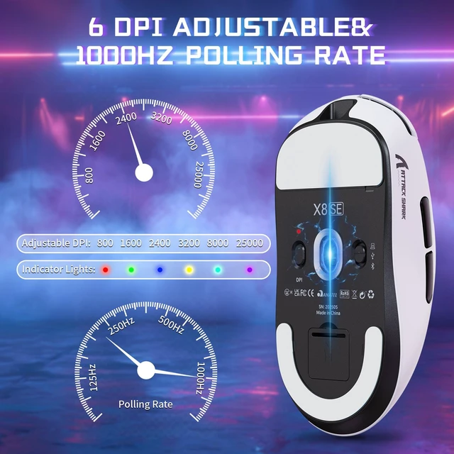 Alt view image 4 of 7 - ATTACK SHARK X8SE Wireless Gaming Mouse, 55g Lightweight, PAW3311 25K DPI Sensor, 1000Hz Polling Rate, Tri-Mode Bluetooth/2.4G/Wired, 500mAh Battery, 80M Clicks White