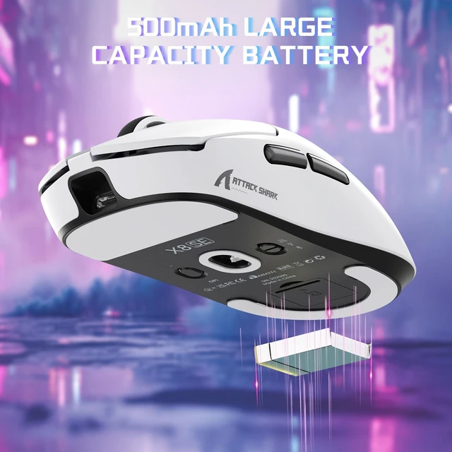 Alt view image 6 of 7 - ATTACK SHARK X8SE Wireless Gaming Mouse, 55g Lightweight, PAW3311 25K DPI Sensor, 1000Hz Polling Rate, Tri-Mode Bluetooth/2.4G/Wired, 500mAh Battery, 80M Clicks White