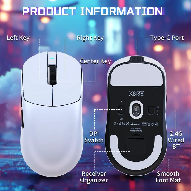Alt view image 7 of 7 - ATTACK SHARK X8SE Wireless Gaming Mouse, 55g Lightweight, PAW3311 25K DPI Sensor, 1000Hz Polling Rate, Tri-Mode Bluetooth/2.4G/Wired, 500mAh Battery, 80M Clicks White