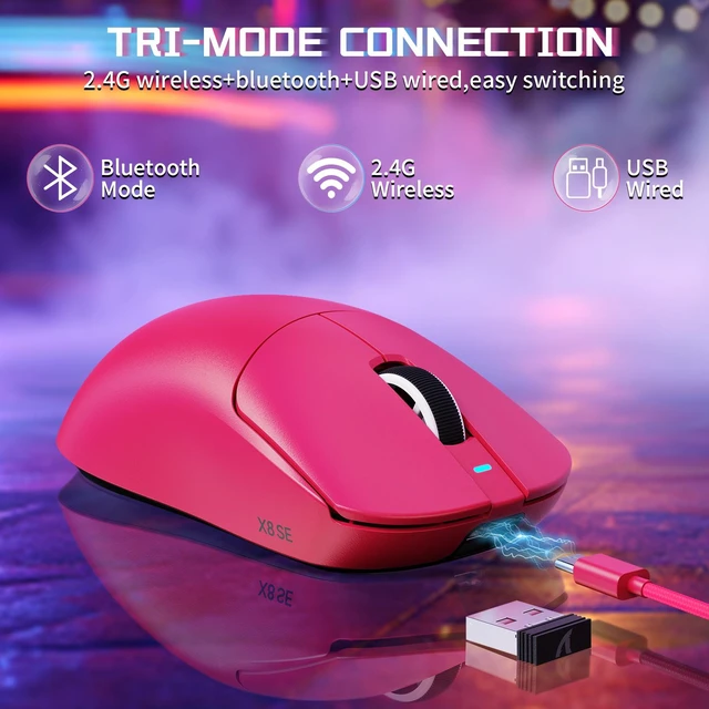 Alt view image 2 of 7 - ATTACK SHARK X8SE Wireless Gaming Mouse, 55g Lightweight, PAW3311 25K DPI Sensor, 1000Hz Polling Rate, Tri-Mode Bluetooth/2.4G/Wired, 500mAh Battery, 80M Clicks Berry Red