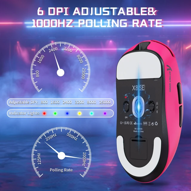 Alt view image 4 of 7 - ATTACK SHARK X8SE Wireless Gaming Mouse, 55g Lightweight, PAW3311 25K DPI Sensor, 1000Hz Polling Rate, Tri-Mode Bluetooth/2.4G/Wired, 500mAh Battery, 80M Clicks Berry Red