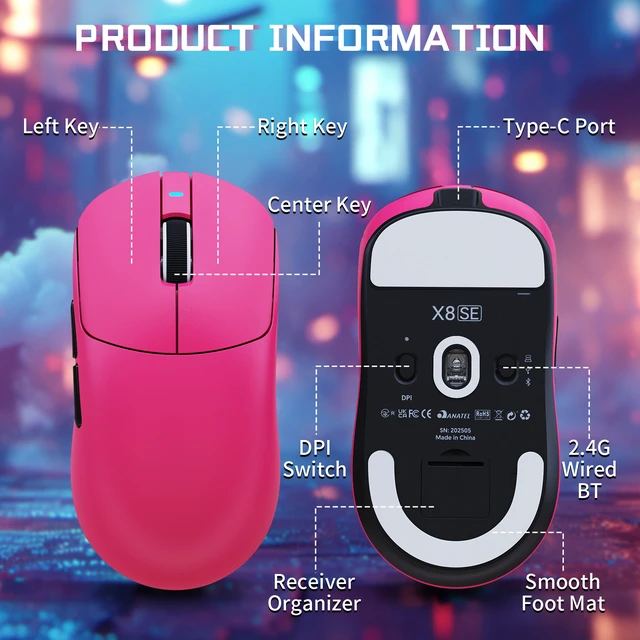Alt view image 7 of 7 - ATTACK SHARK X8SE Wireless Gaming Mouse, 55g Lightweight, PAW3311 25K DPI Sensor, 1000Hz Polling Rate, Tri-Mode Bluetooth/2.4G/Wired, 500mAh Battery, 80M Clicks Berry Red