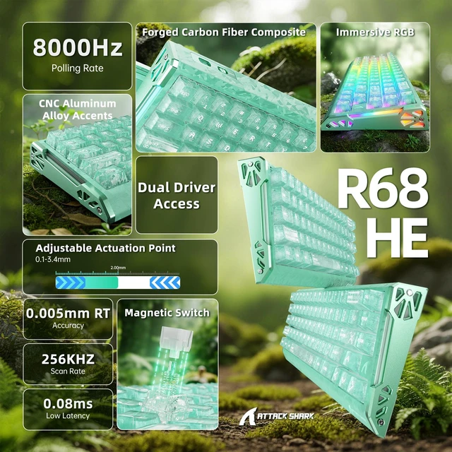 Alt view image 2 of 7 - ATTACK SHARK R68HE 60% Wired RT 8K Mechanical RGB TKL Gaming Keyboard-Black Green