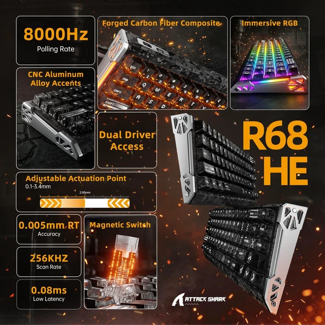 Alt view image 2 of 7 - ATTACK SHARK R68HE 60% Wired RT 8K Mechanical RGB TKL Gaming Keyboard-Black Ink