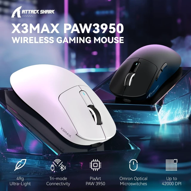 Alt view image 2 of 7 - ATTACK SHARK X3 MAX Wireless Gaming Mouse, 49g Ultra Lightweight, PAW3950 42K DPI, Bluetooth 5.2, 2.4GHz, 200H Battery, 100M Clicks