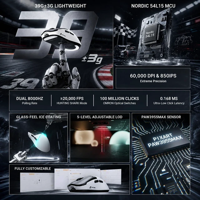 Alt view image 2 of 7 - ATTACK SHARK F1 AIR 39g Ultra Lightweight Wireless Gaming Mouse, PAW3955MAX 60K DPI, Nordic 54L15, Dual 8K, Tri-Mode, 720H Battery, Web Driver