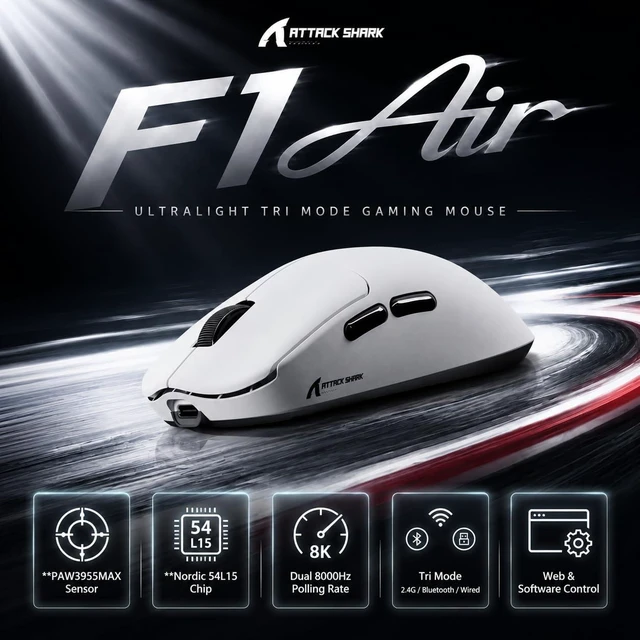 Alt view image 3 of 7 - ATTACK SHARK F1 AIR 39g Ultra Lightweight Wireless Gaming Mouse, PAW3955MAX 60K DPI, Nordic 54L15, Dual 8K, Tri-Mode, 720H Battery, Web Driver