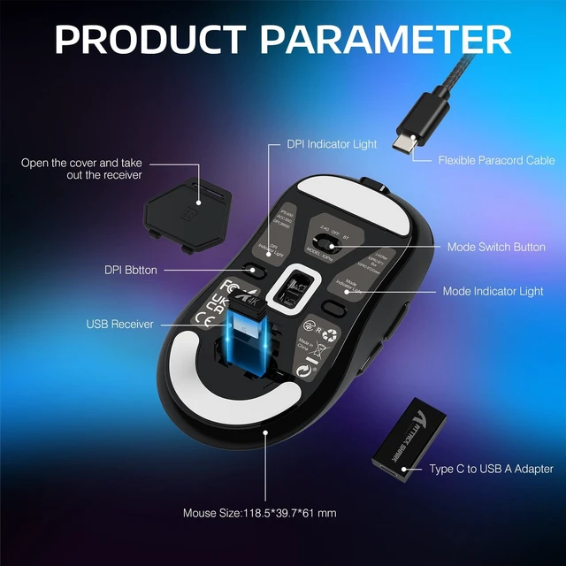 Alt view image 7 of 7 - ATTACK SHARK X3PRO 59g Ultra Lightweight Gaming Mouse, PAW3395 PRO 26K DPI, Dual 8K, Tri-Mode Wireless, 100M Optical Switches